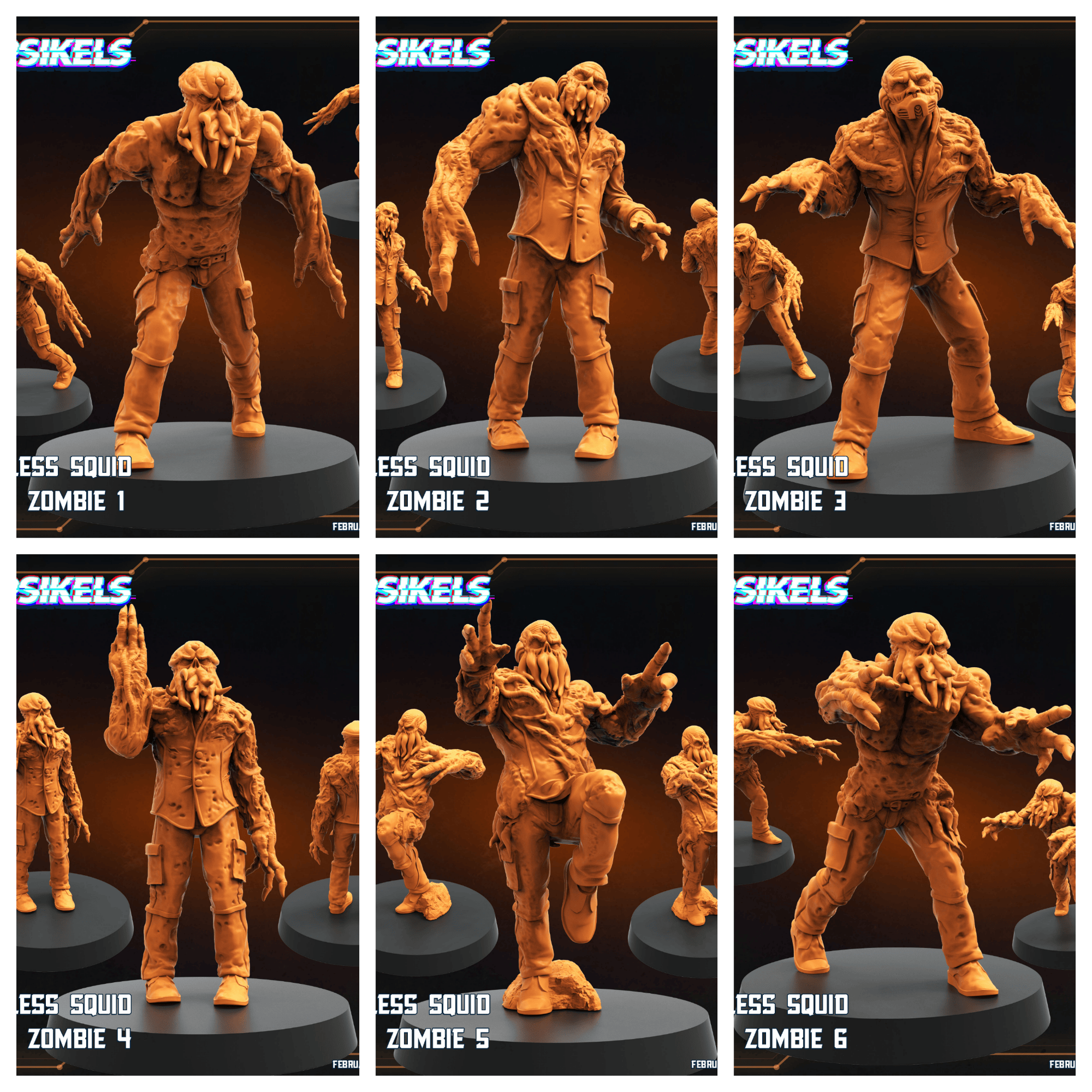 3D Printed Papsikels Voteless Squid Mind Zombie Set February 2025 Scifi 28mm 32mm