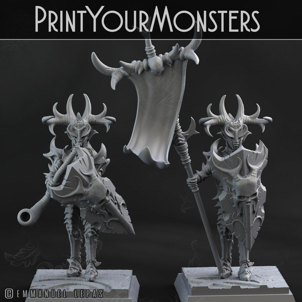 3D Printed Print Your Monsters Dark Elves Banner and Musician Set 28mm - 32mm D&D Wargaming