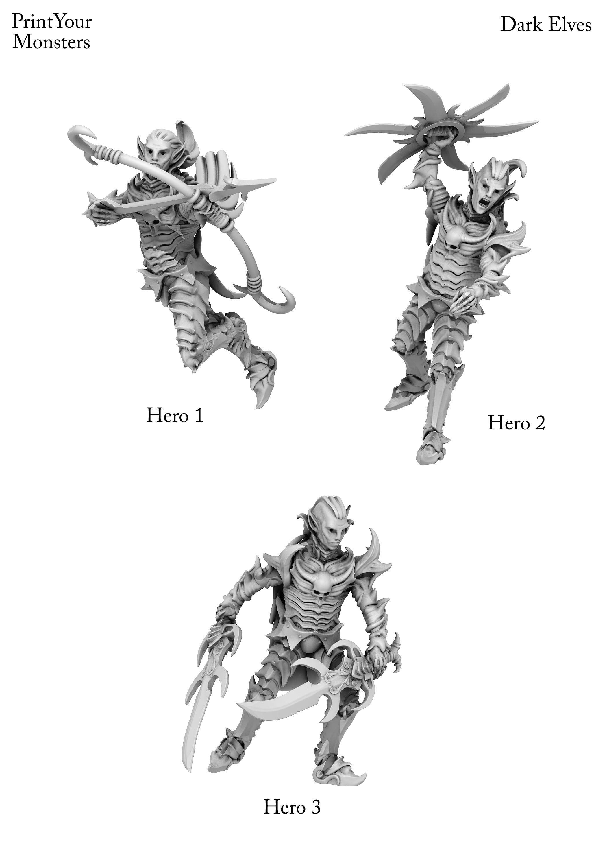 3D Printed Print Your Monsters Dark Elves Heroes Set 28mm - 32mm D&D Wargaming