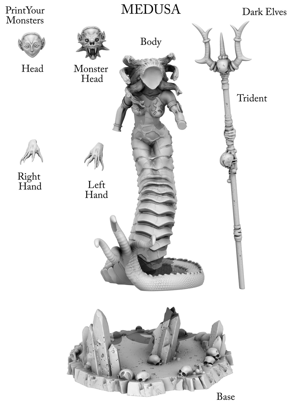 3D Printed Print Your Monsters Dark Elves Medusa 28mm - 32mm D&D Wargaming