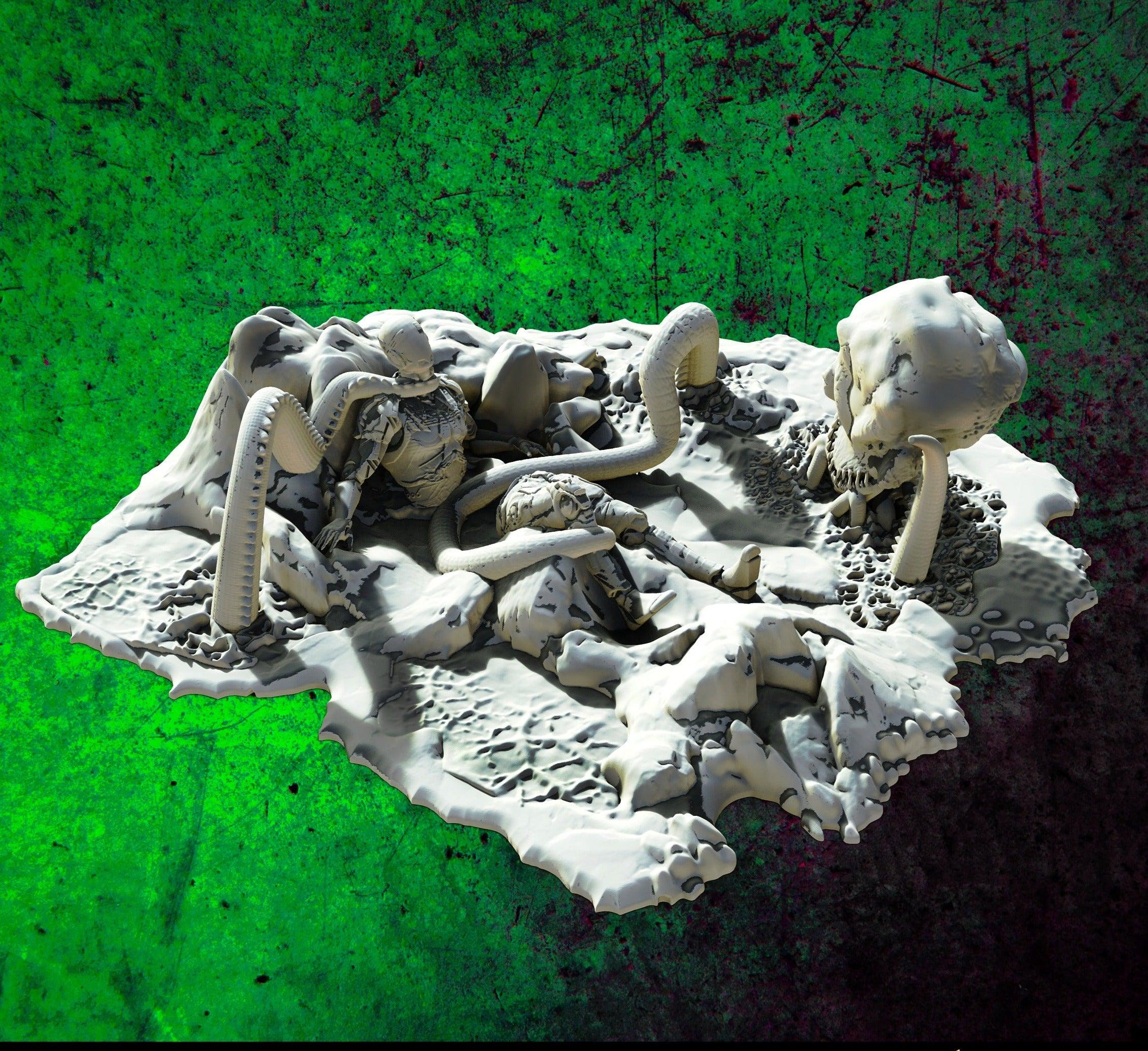 3D Printed SAWANT3D Abandoned Base of Space Elves - Elf Fighting a Monster 28 32mm D&D