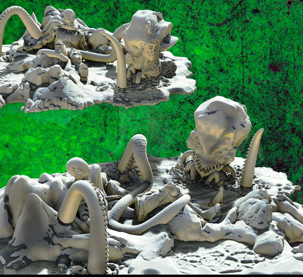 3D Printed SAWANT3D Abandoned Base of Space Elves - Elf Fighting a Monster 28 32mm D&D