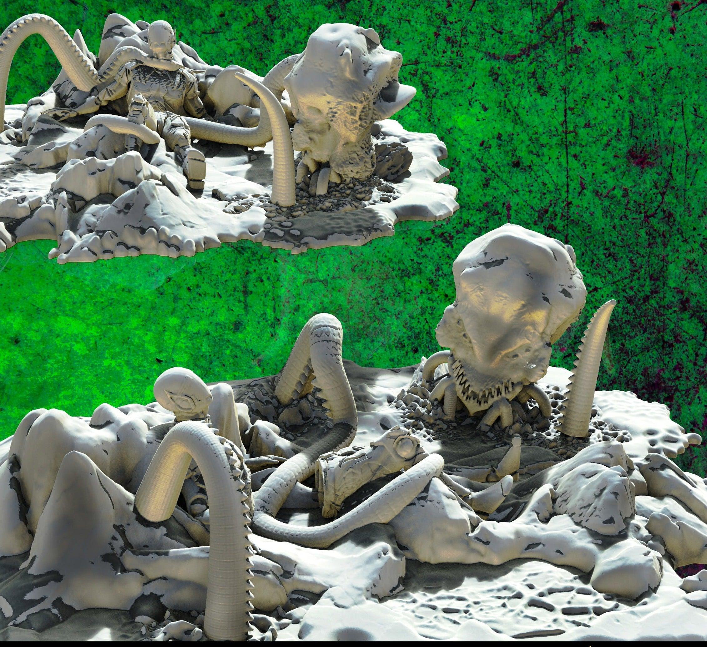 3D Printed SAWANT3D Abandoned Base of Space Elves - Elf Fighting a Monster 28 32mm D&D