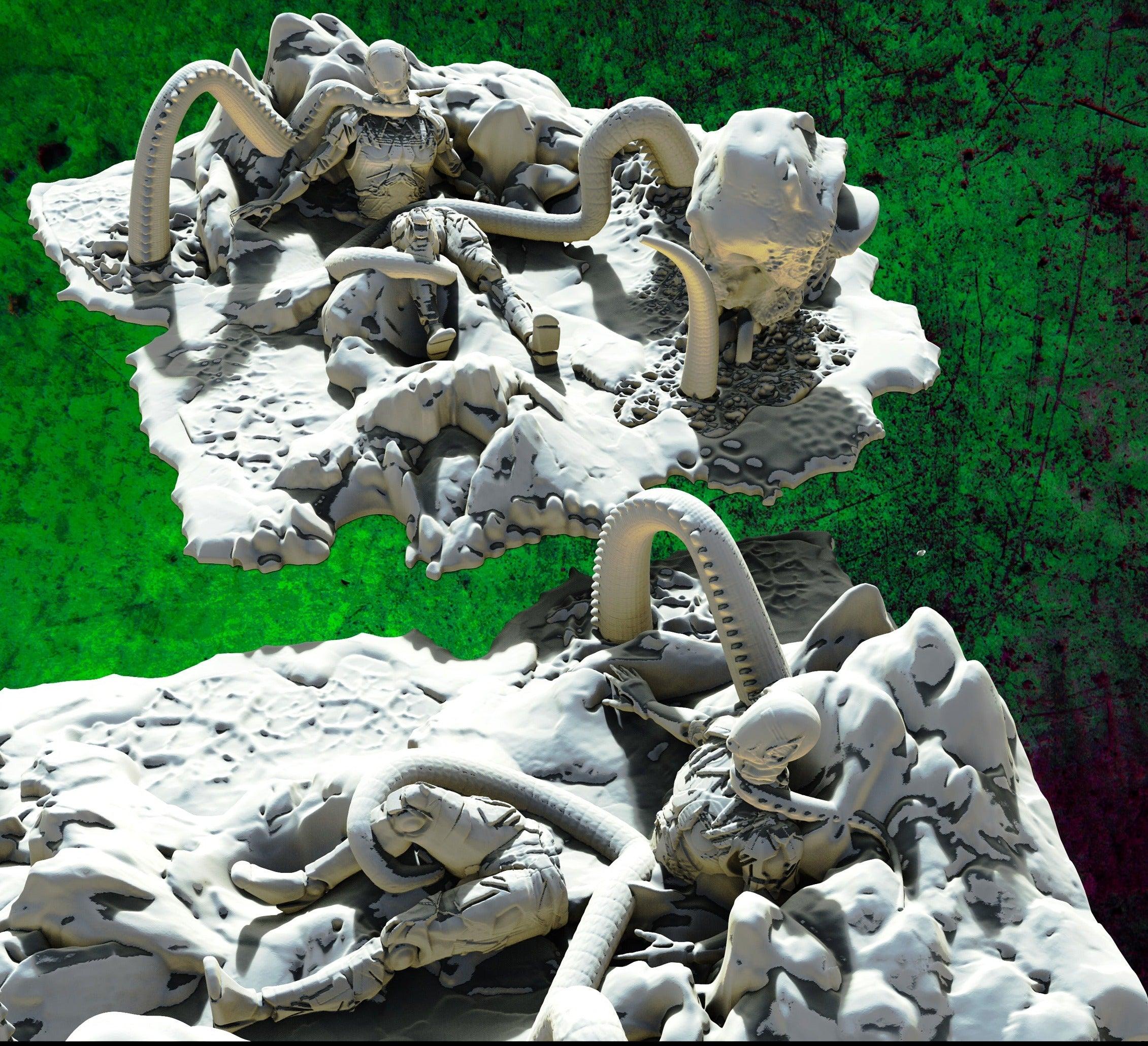 3D Printed SAWANT3D Abandoned Base of Space Elves - Elf Fighting a Monster 28 32mm D&D