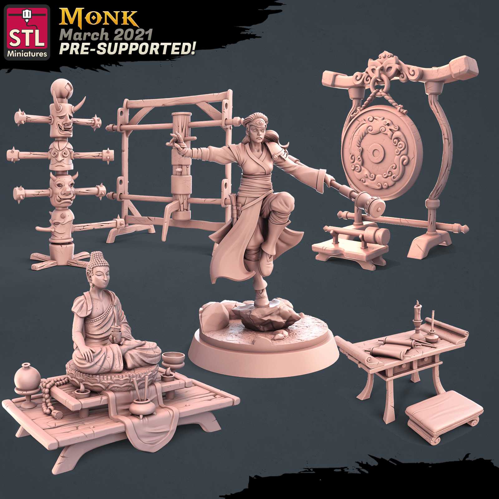 3D Printed STL Miniatures Monk Set 28 - 32mm War Gaming D&D